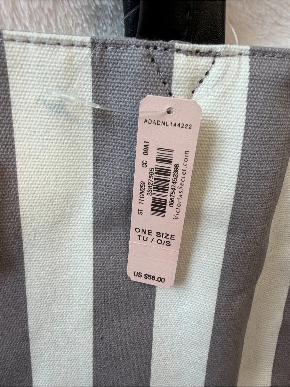Victoria's Secret Gray and White Striped Canvas Tote with Black Handles NWT